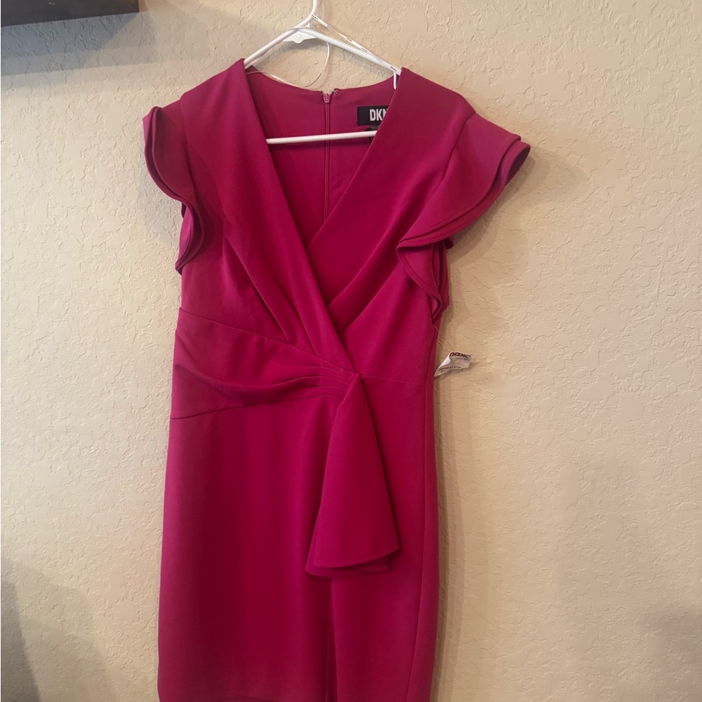 DKNY Pink Ruched Wrap Midi Dress for Wedding Guest
